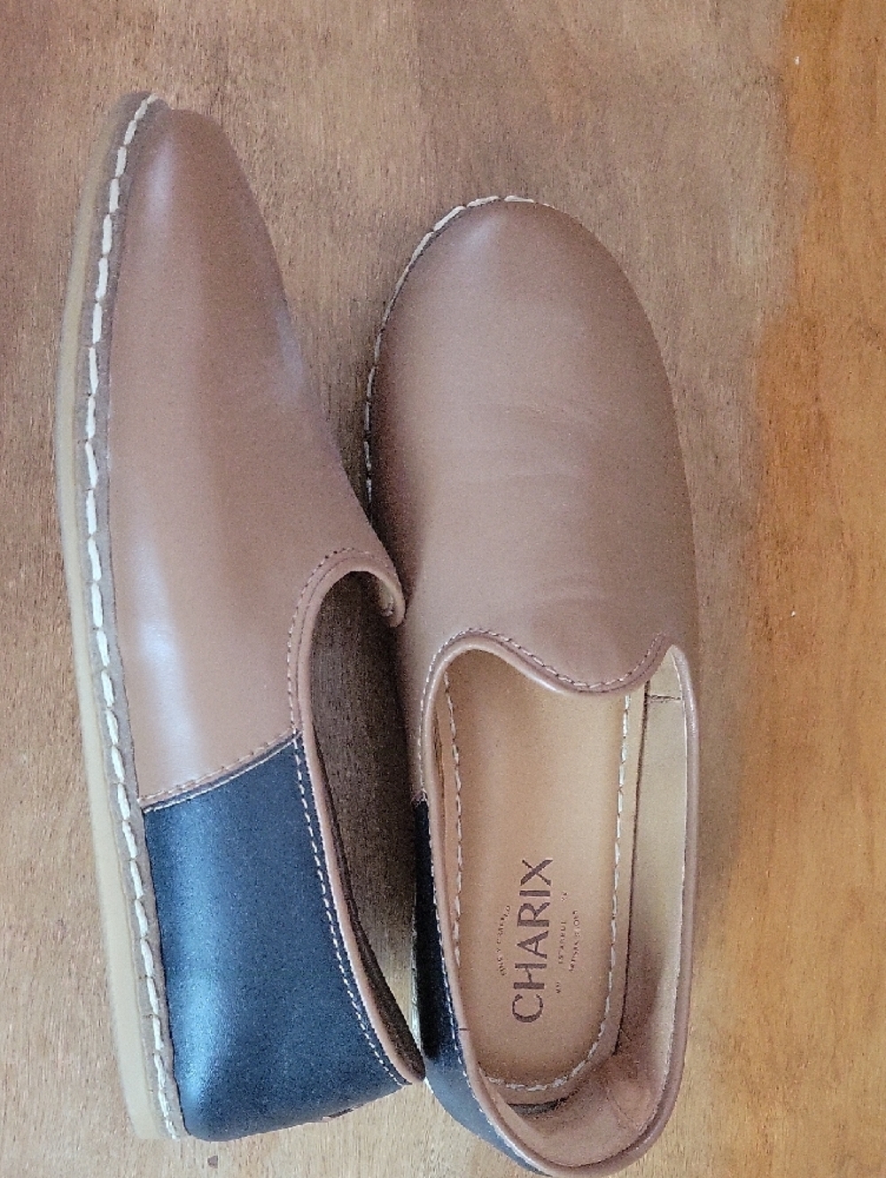 Charix Women's Tan Leather Slip-On Loafers  Camel Black   Size 38 - Picture 3 of 9